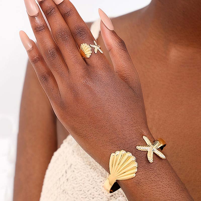 Stainless Steel Starfish Shell Open Bracelet Rings For Women Men Exaggerated Silver Color Geometric Adjustable Bracelet Jewelry