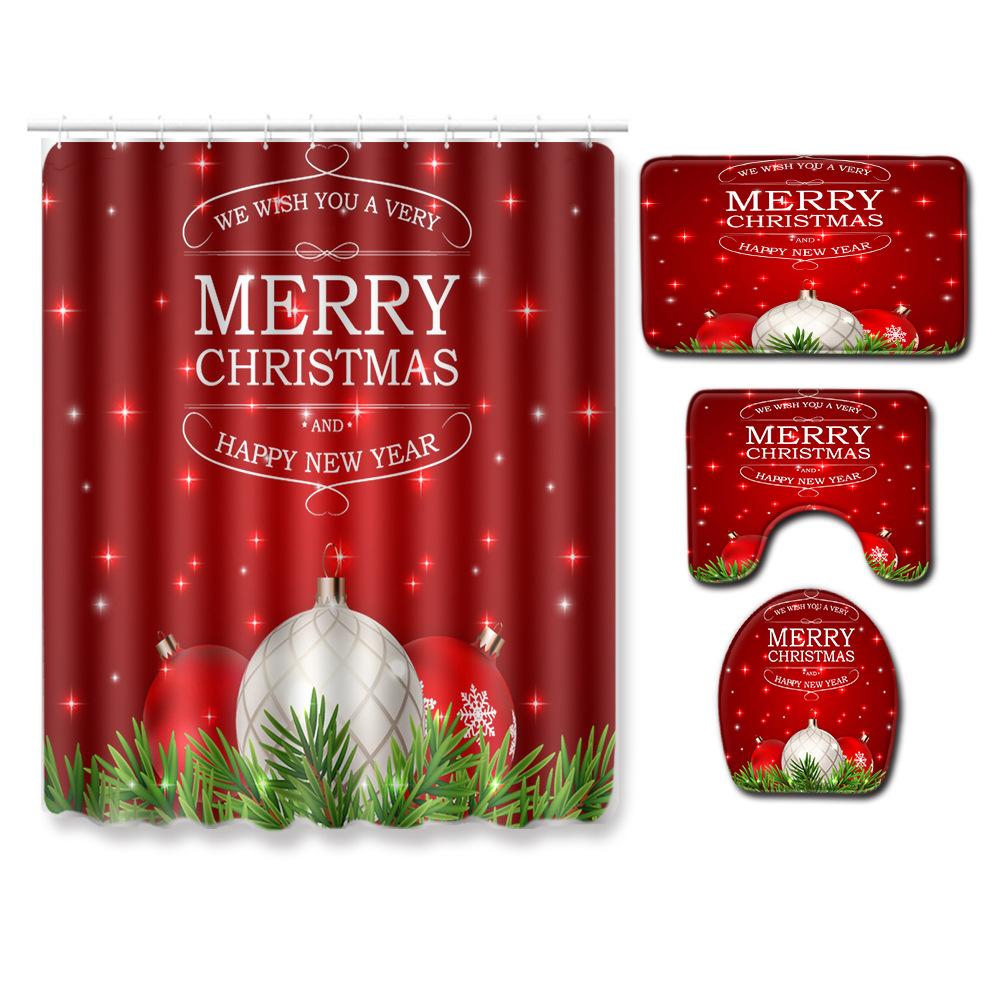 Christmas Printed Shower Curtain Floor Mat Four-Piece Bathroom Toilet Non-Slip Absorbent Carpet Toilet Non-Slip Door Mat