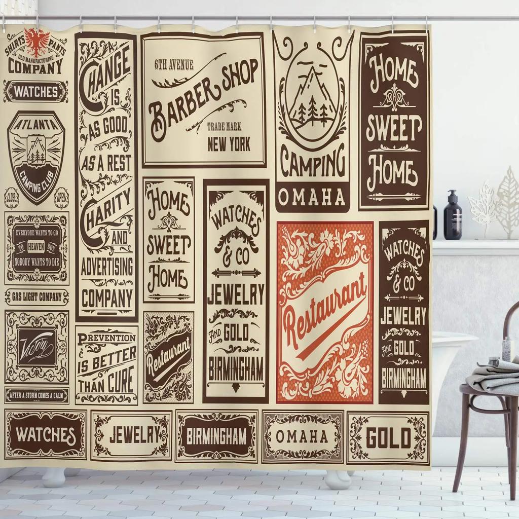 Barbershop Fabric Shower Curtain Set Barber With Tartan Vintage Badge Beard Cut Gentleman Graphic Grooming Screen Bathroom Decor