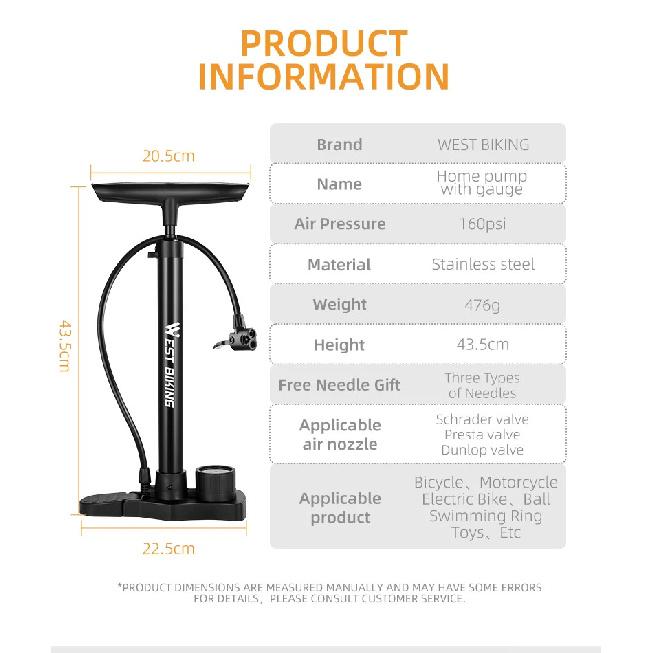 WEST BIKING Bicycle Pump 160PSI Portable Stainless Steel Bike Pump Schrader Presta Valve Inflator Mountain Road Bike Accessories