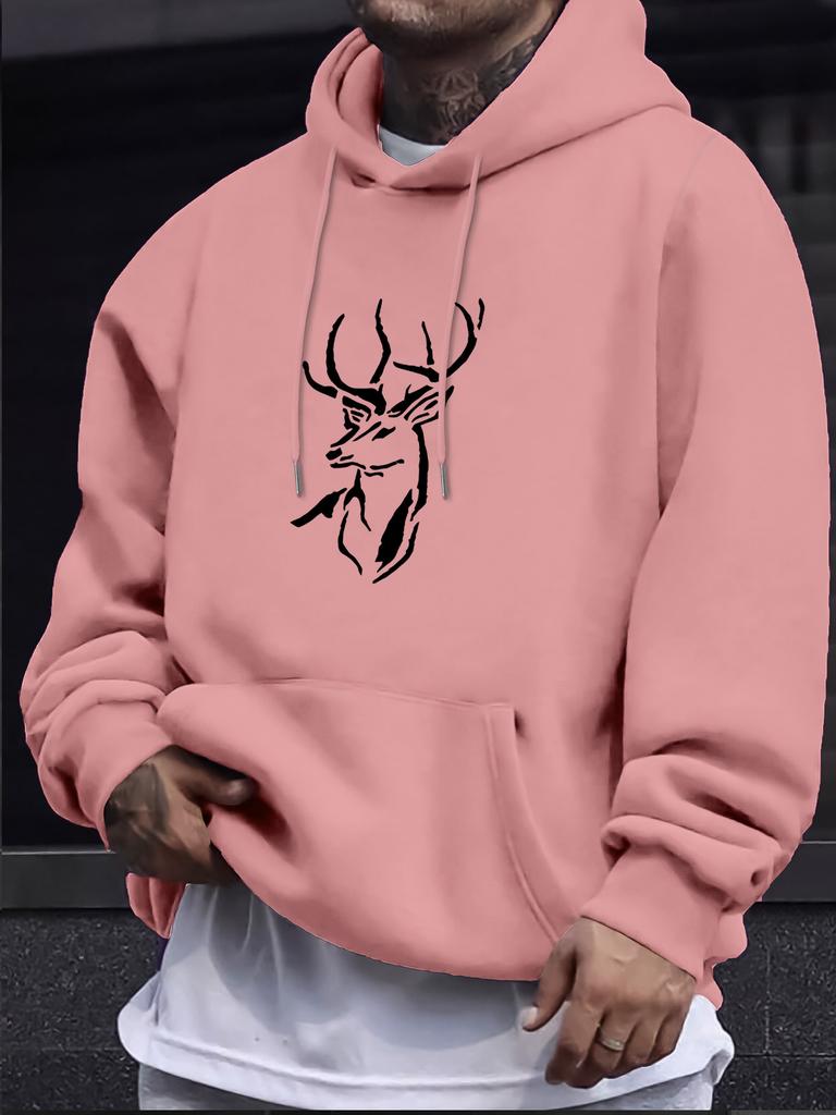 Men's autumn/winter hooded sweatshirt, deer head print casual long-sleeved pullover, simple, stylish and trendy top.