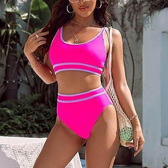 Bikini de Color Sólido de Cintura Alta para Mujer Traje de Dos Piezas Ropa de Playa Multicolor