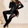 Women Plus Size Two Piece Pant Set Round Neck Long Sleeve Printed Pink Purple Longline Top And Fitted Pants