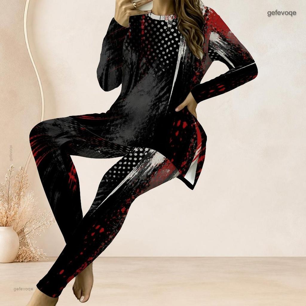 Women Plus Size Two Piece Pant Set Round Neck Long Sleeve Printed Pink Purple Longline Top And Fitted Pants