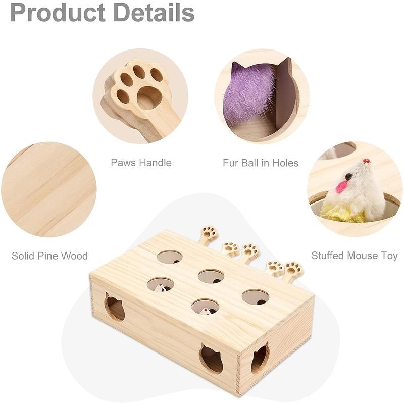 Solid Wood Whack-a-Mole Interactive Cat Toy, Kitten Catch Mice Game, Indoor Self-Entertainment Pet Supplies