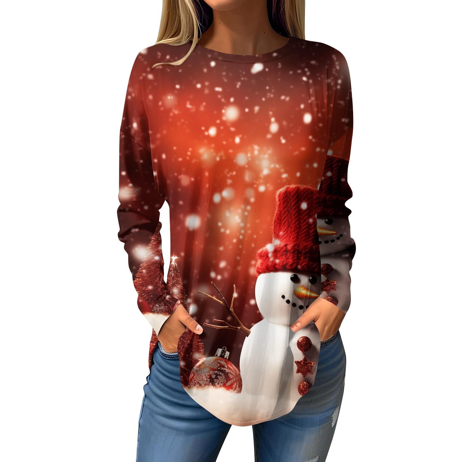 Женская свободная футболка с круглым вырезом и рождественским принтом — фото 11