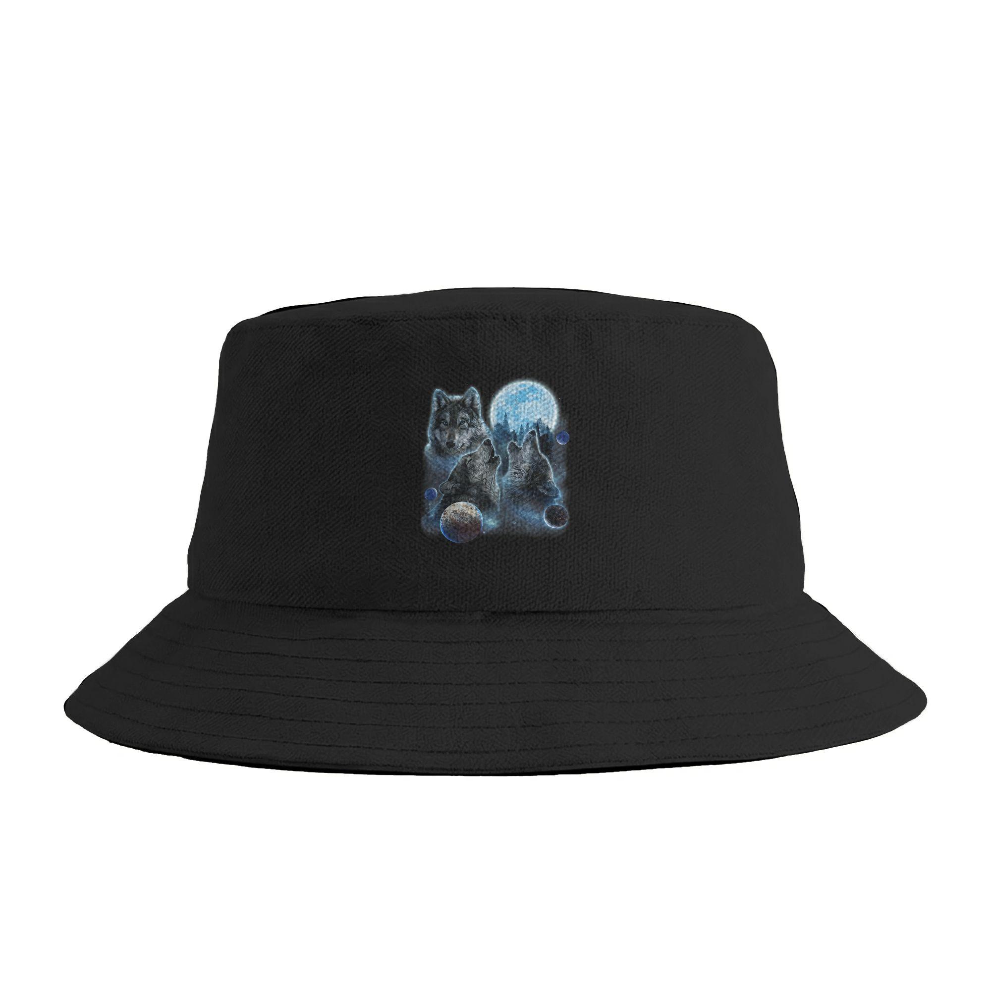 Howling Wolves in The Full Moon Moonlight with Starry Sky Bucket Hat Street Style FisherUnisex Caps Foldable Fishing Sun Hats One Size