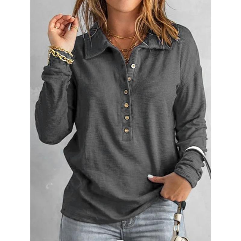 Women's Fashion Casual Spring Autumn Solid Color Print Long Sleeve POLO Neck Blouses & Shirts