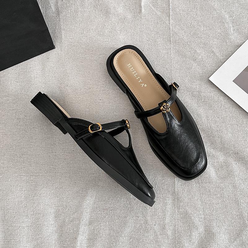 X139-2 ретро простые и высокотекстурные туфли-мэри джейн с Т-образной пряжкой, удобные и универсальные, с открытым носком, женские тапочки 35 чёрный