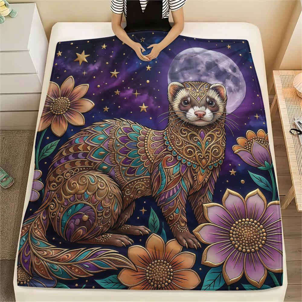 Retro Purple Flower Animal Print Flannel Blanket,High Quality Comfortable for All Seasons,Home Decor,Warmth and Comfort,Perfect for Christmas Gifts