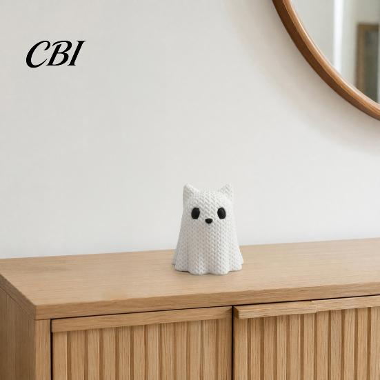 Moisture-proof Spooky Decoration 3D Printed Ghost Dog/Cat Figurine Ornaments, Knitted Texture Halloween Animal Stable Decorations, Small Cute