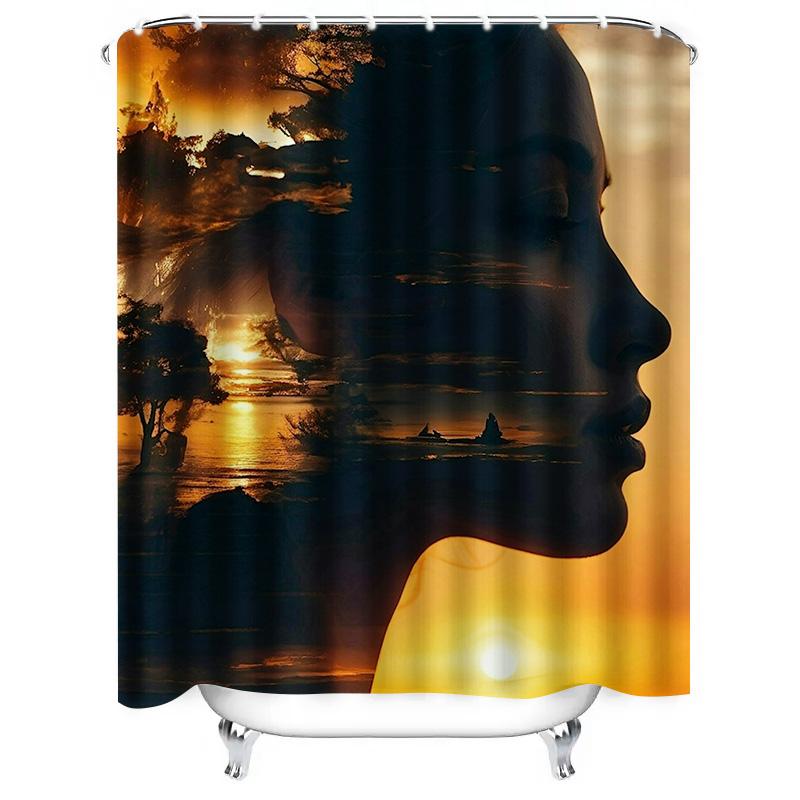 Surreal Face with Sunset Landscape Shower Curtain - Waterproof, Mildew-Resistant, Machine Washable Artistic Bathroom Decor