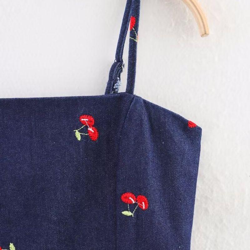 Kaslead New Arrival Women's Fashion Style Fashion Wash Embroidered Denim Shoulder Strap Adjustable Shorts Suspender Skirt