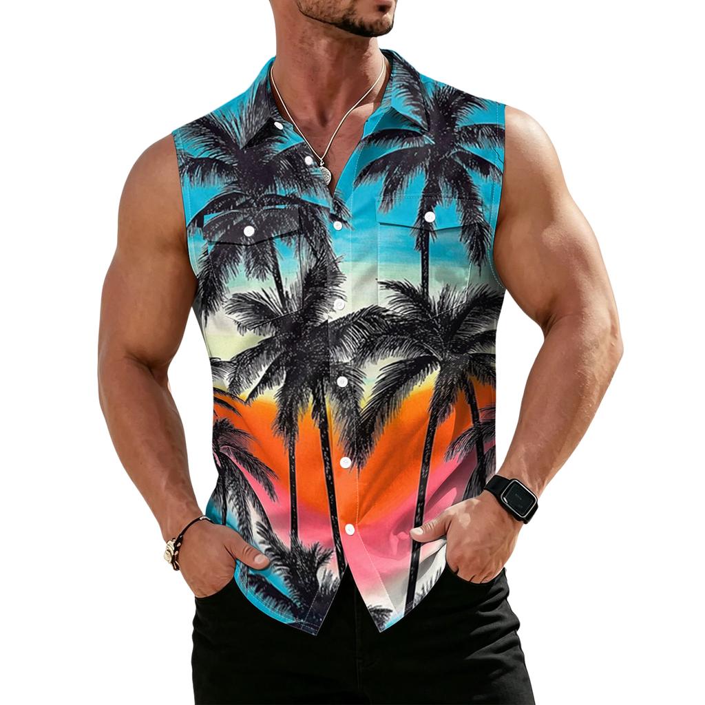 Men's Workwear Lapel Button-Down Vest Shirt - Lightweight Sleeveless Top