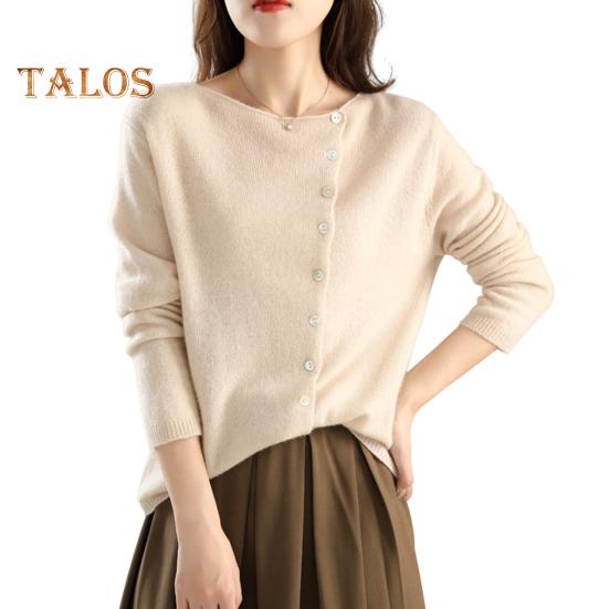 Knitting Tops Women Long Sleeve Round Neck Casual Home Style Top Solid Color Single Breasted Fitted Stretchy Tee Daily Wear