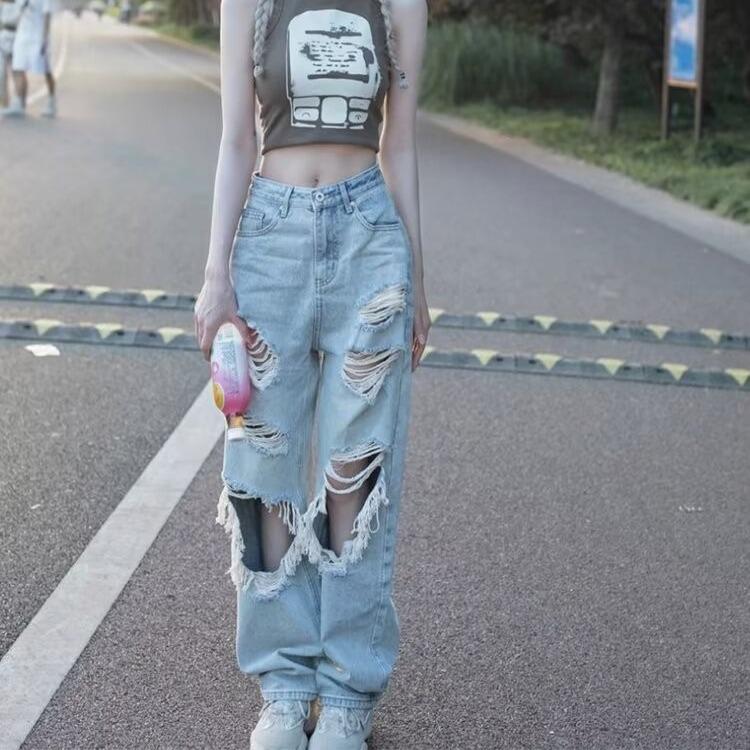 

Женские летние джинсы из денима свободного кроя с эффектом потертости и широкими штанинами M: 155-165CM height (43-49kg)