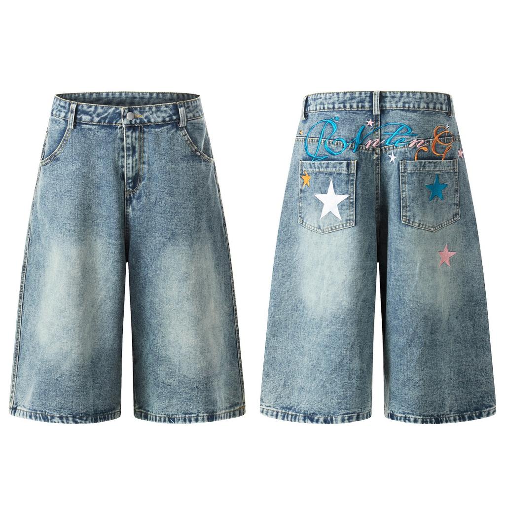 ZYLLO Summer New Vintage Denim Shorts American Style High Street  Fashion Cracked Print Washed Design Five-Point Pants Stree