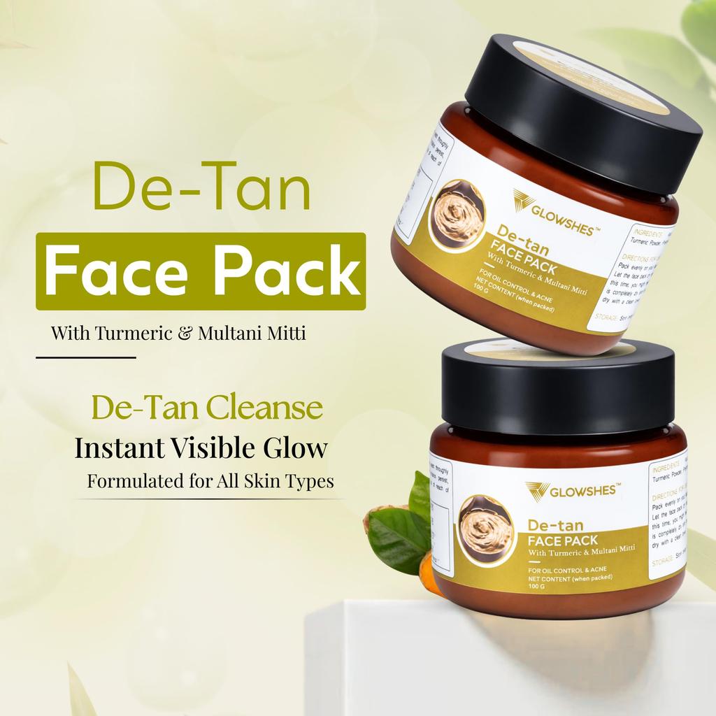 GLOWSHES De-Tan Face Pack with turmeric & Multani Mitti for Normal, Acne to Oily Skin 100 g, Reduction in Blackheads, Instant Visible Glow Formulat