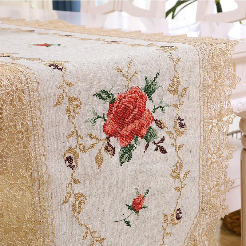 Minimally Embroidered Polyester Fabric Table Flag with Rural Style Art Flower Lace Edge Embroidered Table Flag European Light Luxury Tablecloth