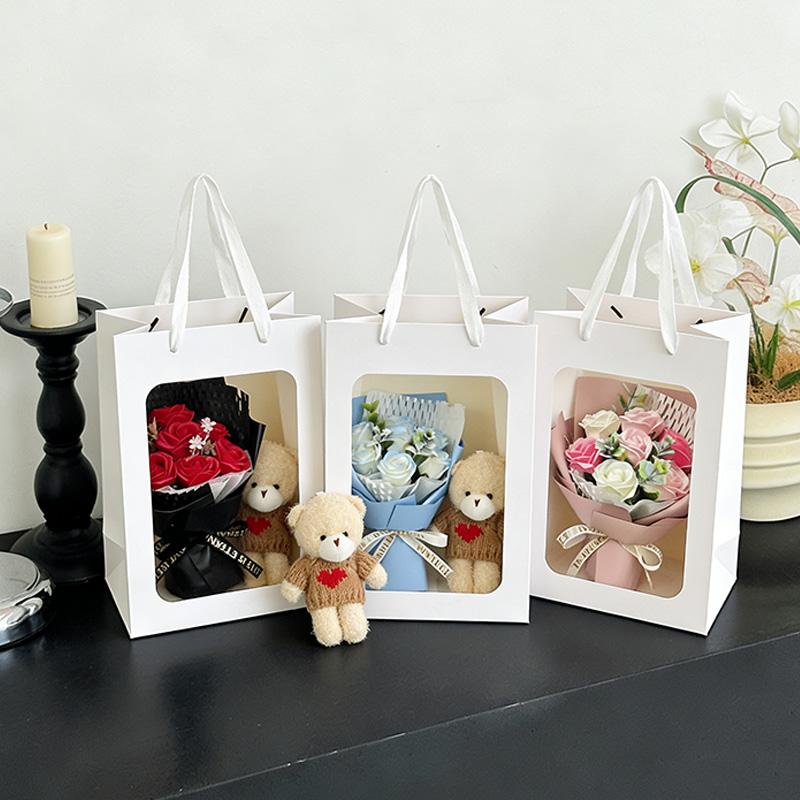 Artificial Rose Soap Flower Bear Bouquet Gift Bag Valentine'S Day Wedding Flower Bouquet Lovers Gifts Finished Producted
