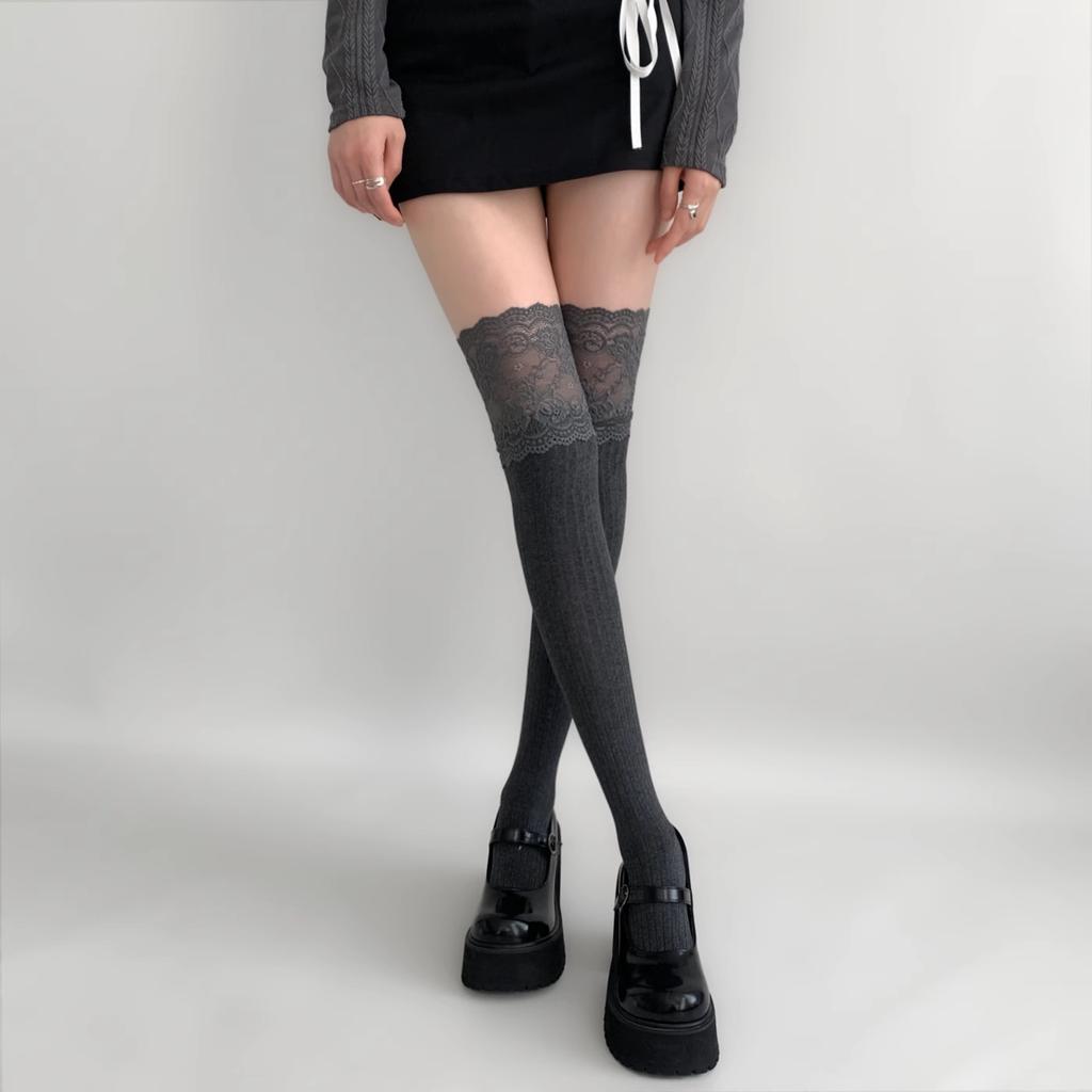 Lace Stockings Lolita Lace Patchwork Long Socks Women's Thigh-high Stocks Piles Of Socks Striped Cotton Over-the-knee Socks