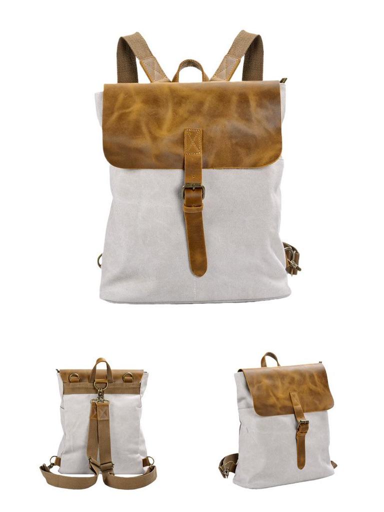 Vintage Grey Cotton Canvas Shoulder Bag - Women's Casual Spliced Bookbag Backpack