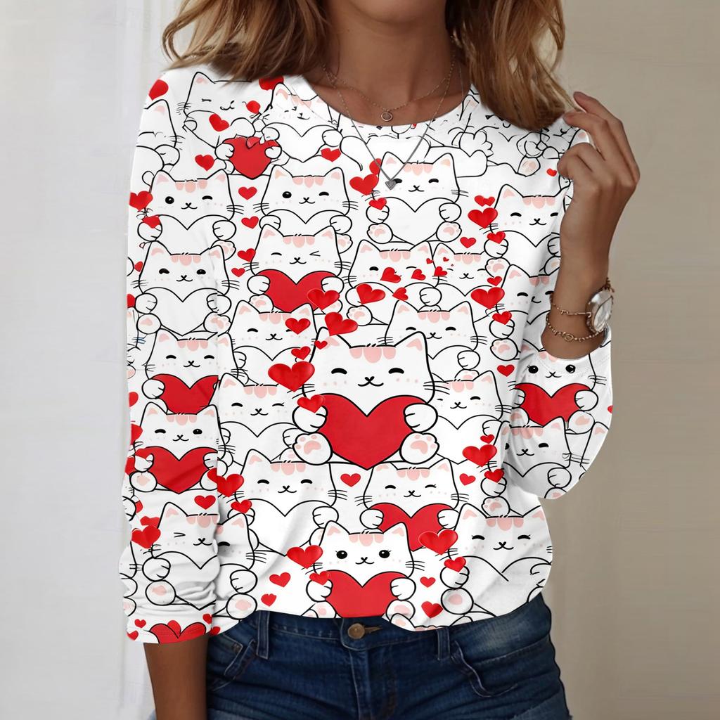 Damen Rundhals-Oberteil mit Herz-Print, locker, langärmelig