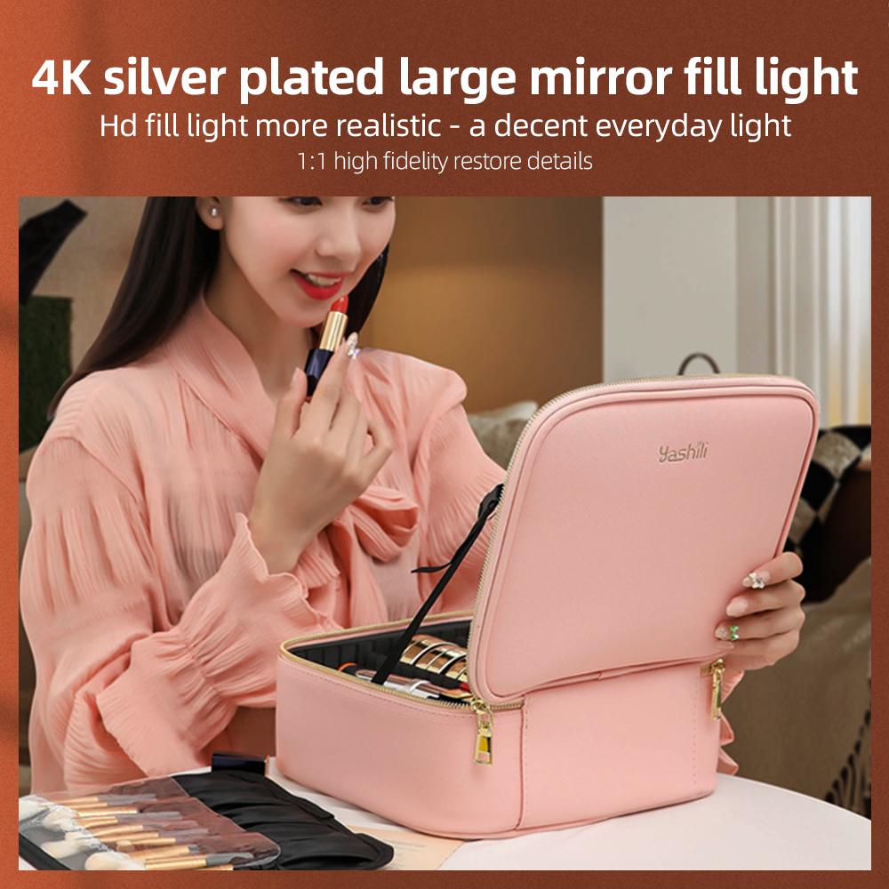 Travel Makeup Train Case with Mirror LED Light Adjustable Brightness Large Capacity Cosmetic Bag