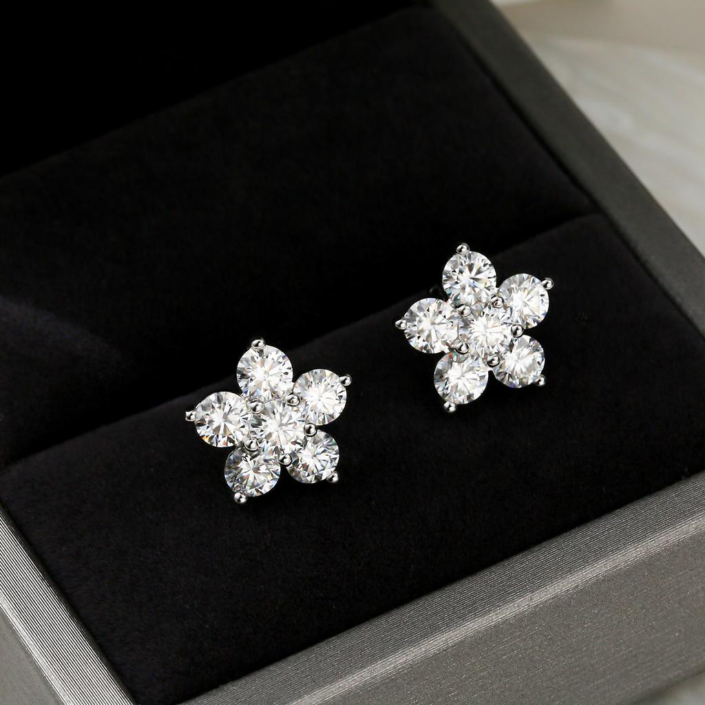 Moissanite 5 Petal Flower Earrings White Gold Stud Earring for Women 925 Sterling Silver Moissanite Diamond Earring Gift
