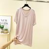 Damen V-Ausschnitt Kurzarm T-Shirt Lockerer Schnitt Lässiges Modal Strickoberteil Einfarbig Sommer Mittellanges Layering-Shirt