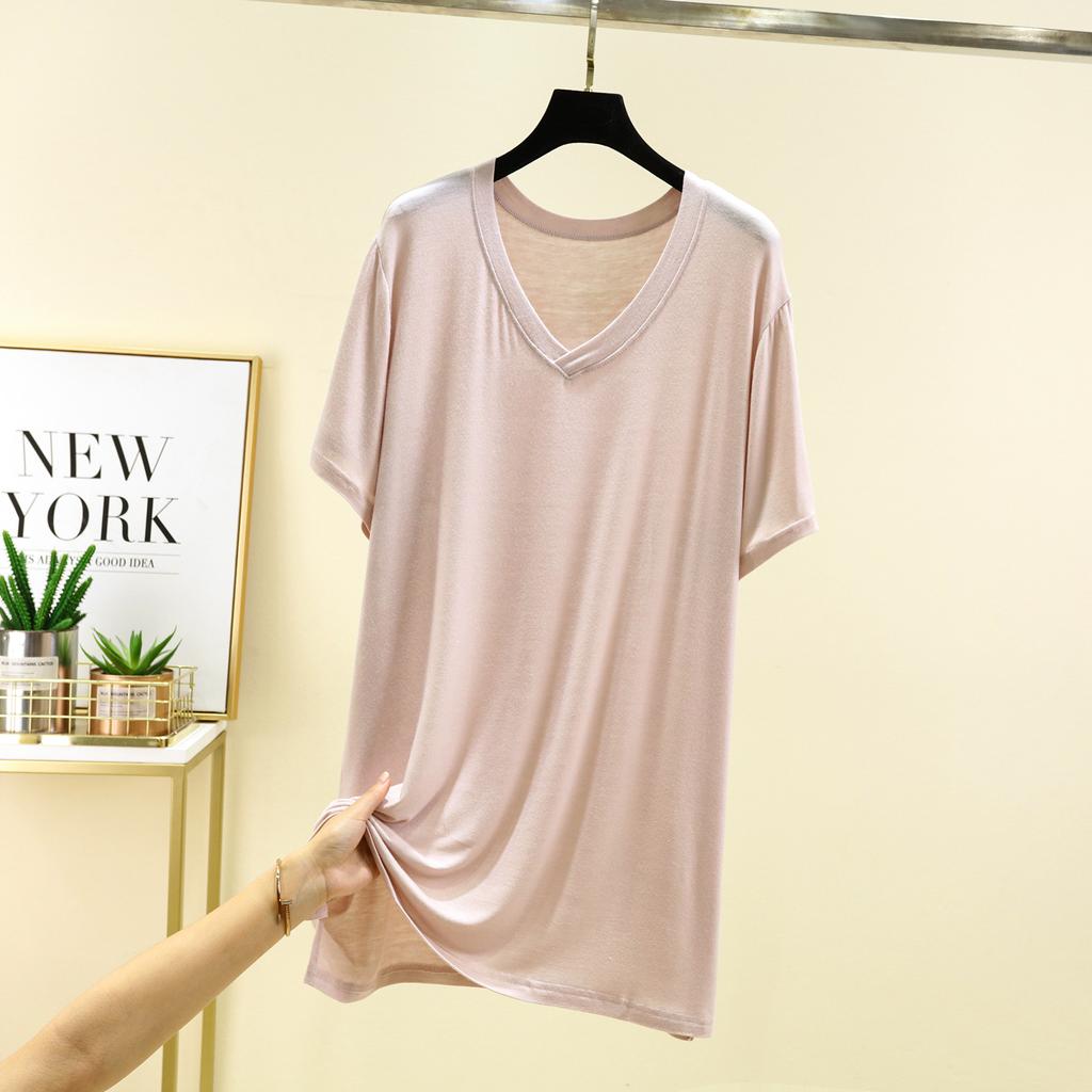 Damen V-Ausschnitt Kurzarm T-Shirt Lockerer Schnitt Lässiges Modal Strickoberteil Einfarbig Sommer Mittellanges Layering-Shirt