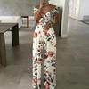 Women's Off Shoulder Three Quarter Sleeve Jumpsuit Slim Fit High Waist Elegant Floral Print Wide Leg Jumpsuit