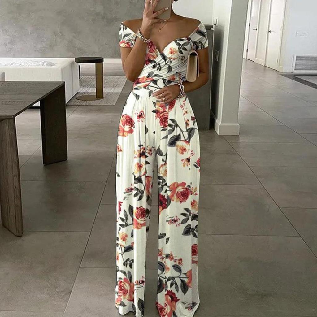 Women's Off Shoulder Three Quarter Sleeve Jumpsuit Slim Fit High Waist Elegant Floral Print Wide Leg Jumpsuit