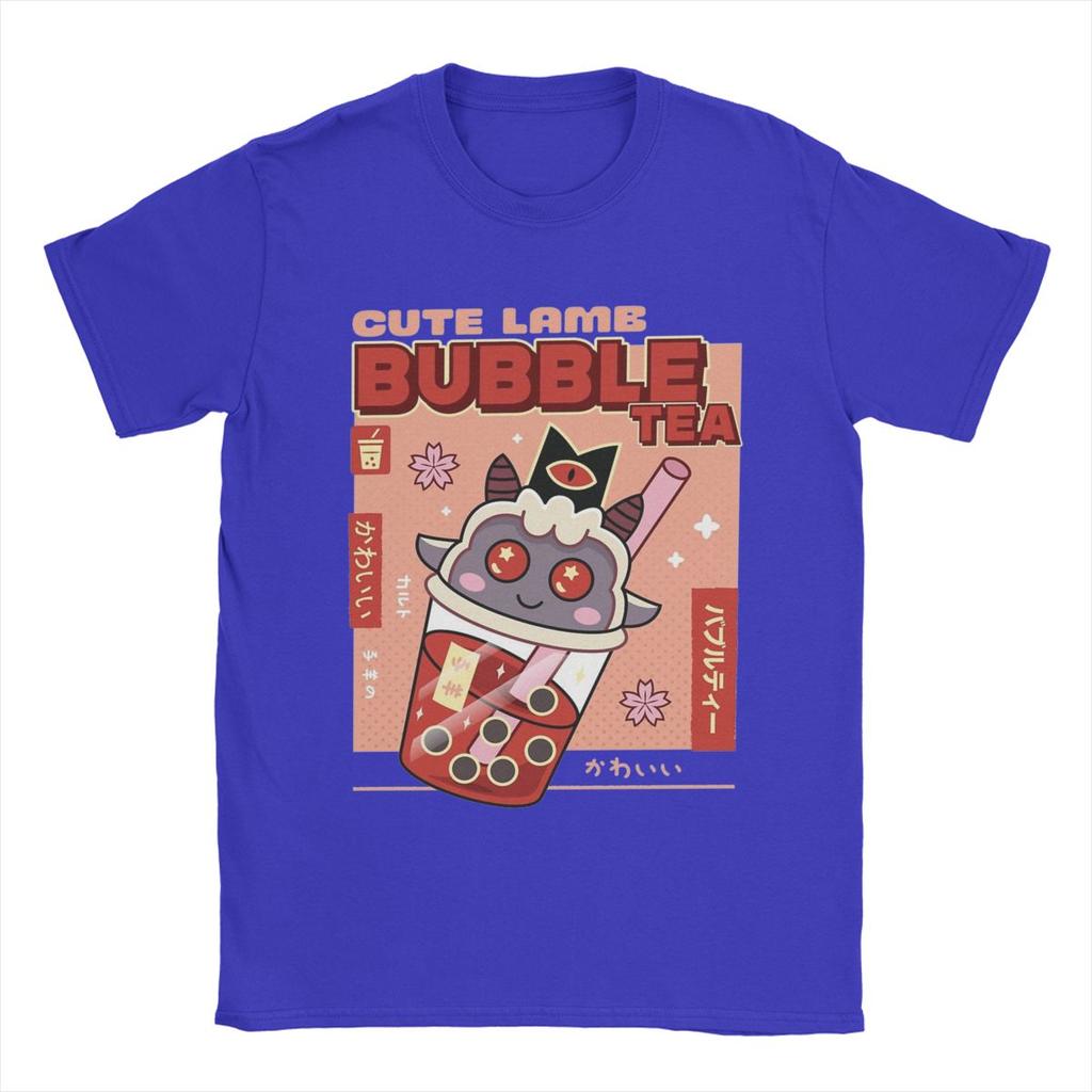 Casual Cute Lamb Bubble Tea Cult Of The Lamb T-Shirt Men O Neck 100% Cotton T Shirt Game Anime Tees Printing Clothes
