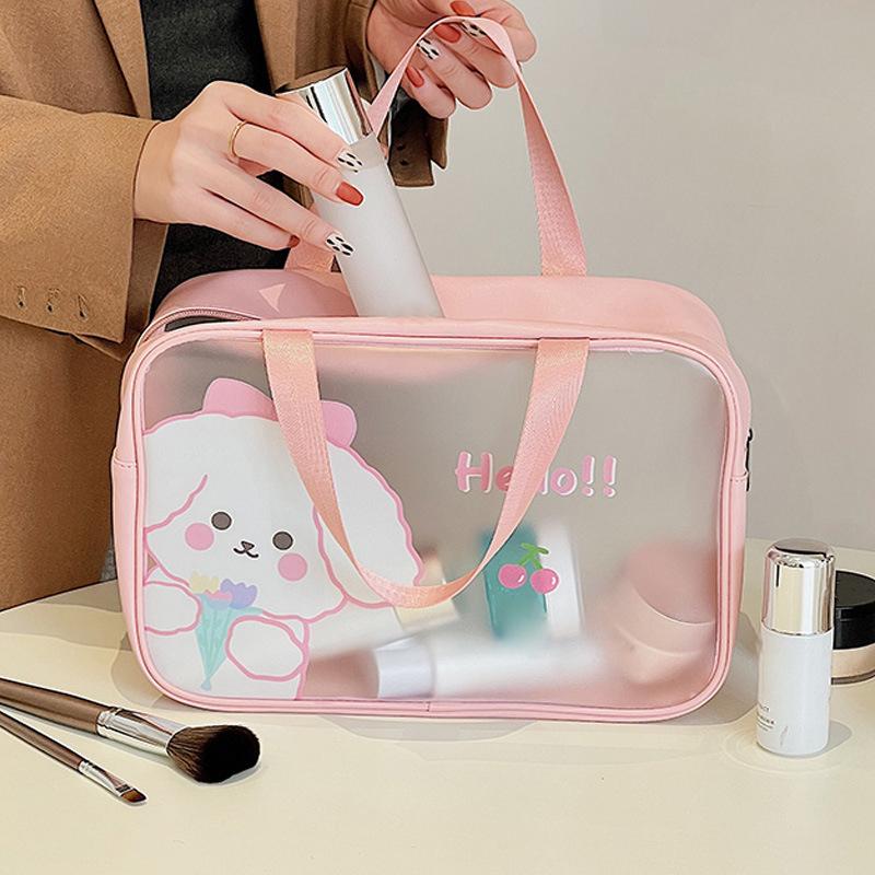 Clear Travel Bag Cherry Puppy Frosted Translucent Waterproof PVC Toiletry Bag Pouch for Washing L