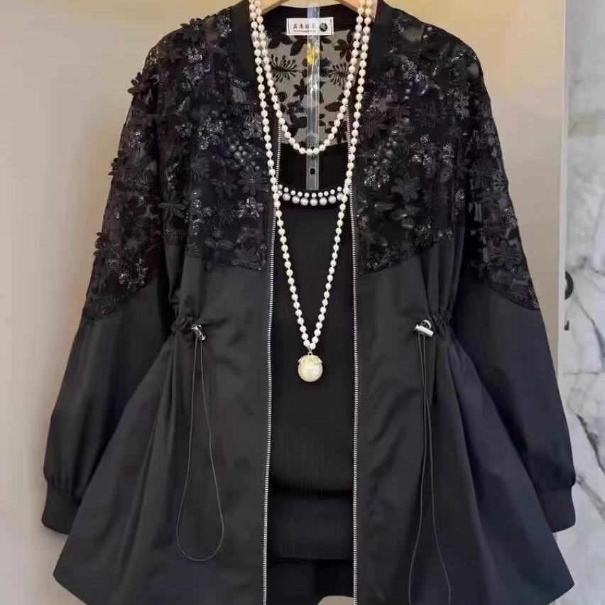 Summer Windbreaker Plus Size Women's Fat Sister Western Style Joker Slim Lace Stitching Long Sleeve Coat