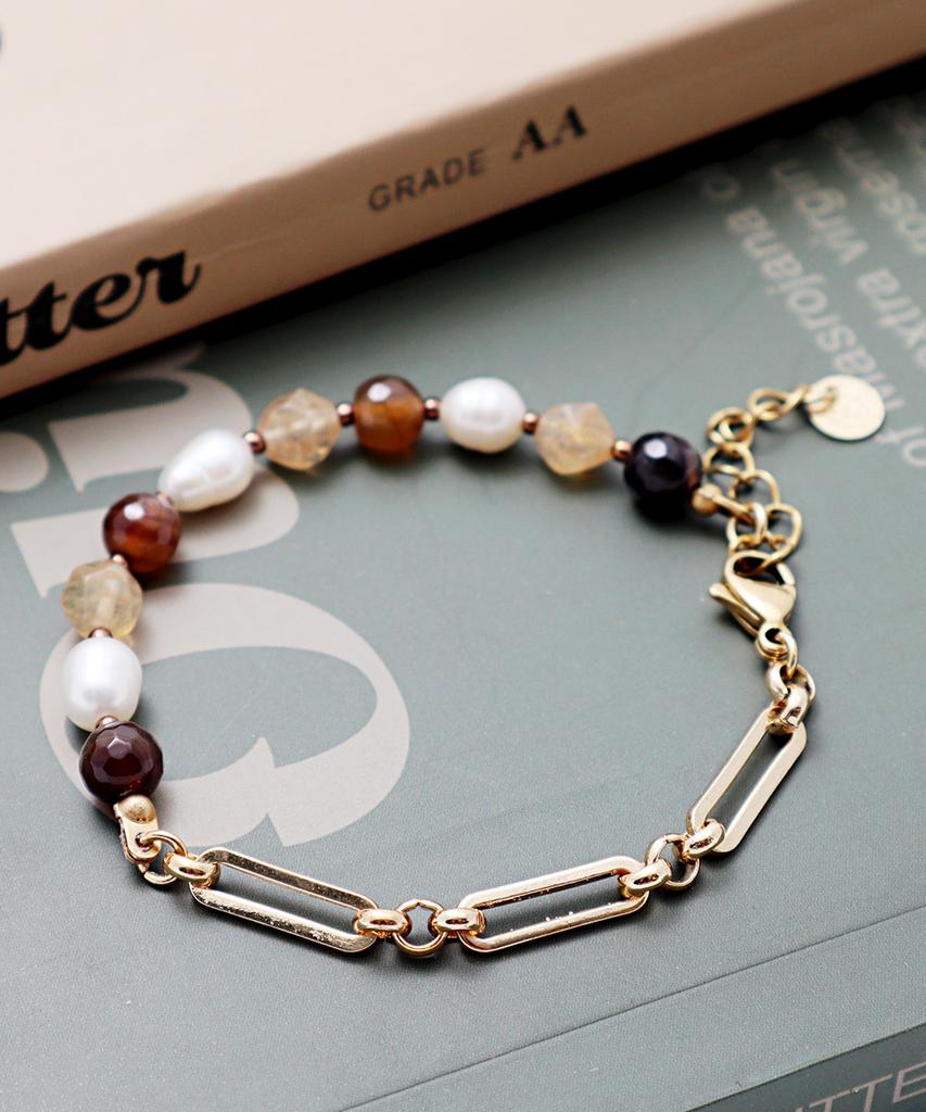 Polalita Gold Chain & Brown Stone Mix Pearl Bracelet (Plt-Br-112_Gd)