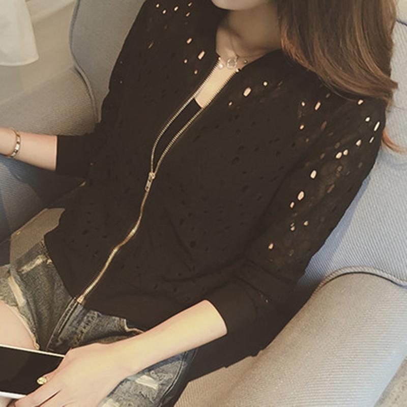 

Women Spring And Autumn Cotton Lace Hollow Out Sport Jacket Long Sleeve Thin Sunscreen Outerwear Short Style Breathable Bomber Coats S чорний