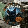 2D Flat, 1pc Round Aluminum Hanging Sign, Spooky Dark Forest Print With Black Bat Jack O Lantern Maple Leaf Welcome Sign, Rustic Autumn Halloween