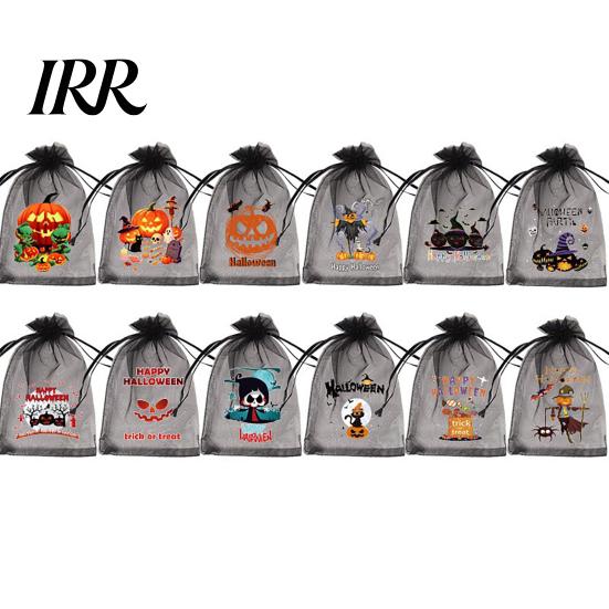 Halloween Treat Pouch 12 Pcs Organza Candy Bag, Drawstring with Pumpkin Ghost Bat Print Bag Print, Sheer Favor for Party Snacks, Trick or Gift