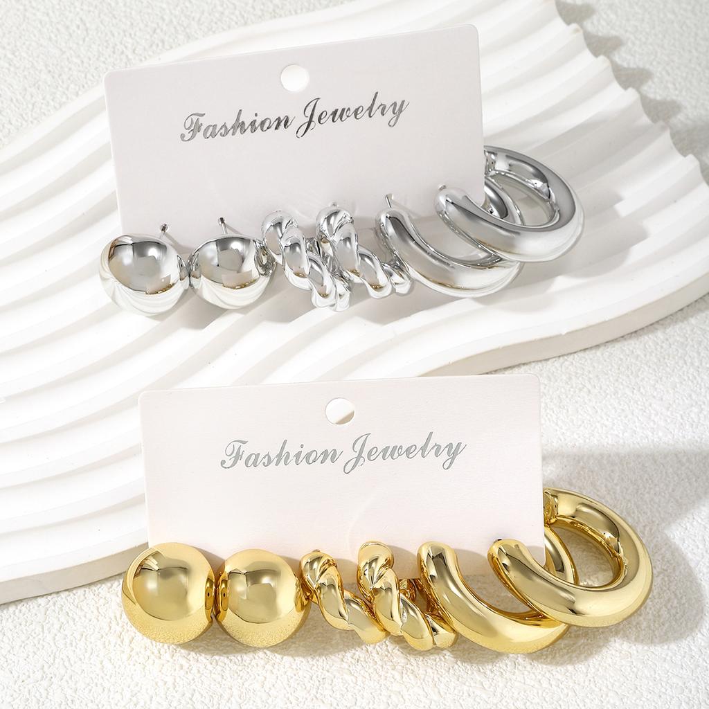 Fashion Geometry Chunky C-shaped Earring Set Creative Design Half Round Stud Earrings Women's Statement Versatile Daily Zircon
