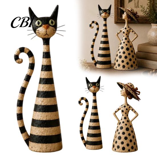 Unique Gifts for Cat Lovers 2Pcs Vintage Lady And Sculptures Set, Resin Striped Figurine, Retro Elegant Desktop Decorations Statue with Polka