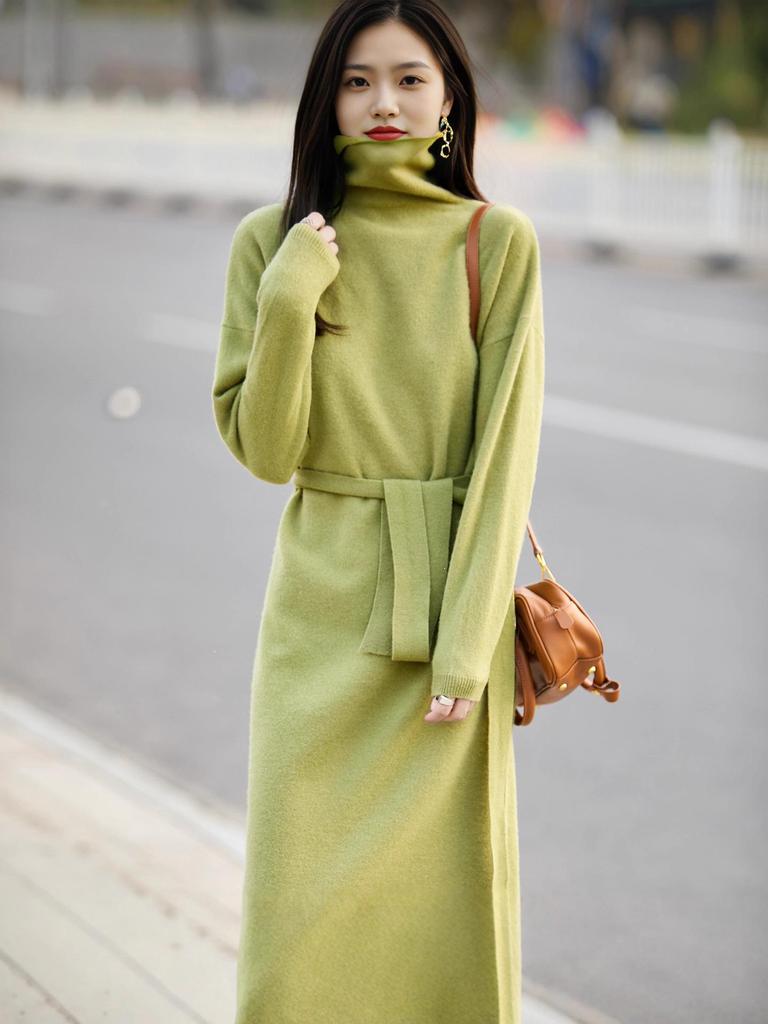 Elegant Stacked Collar Wool Sweater Dress for Women, Knee-Length, Slimming Fit, Solid Color, Perfect Base Layer Sweater.