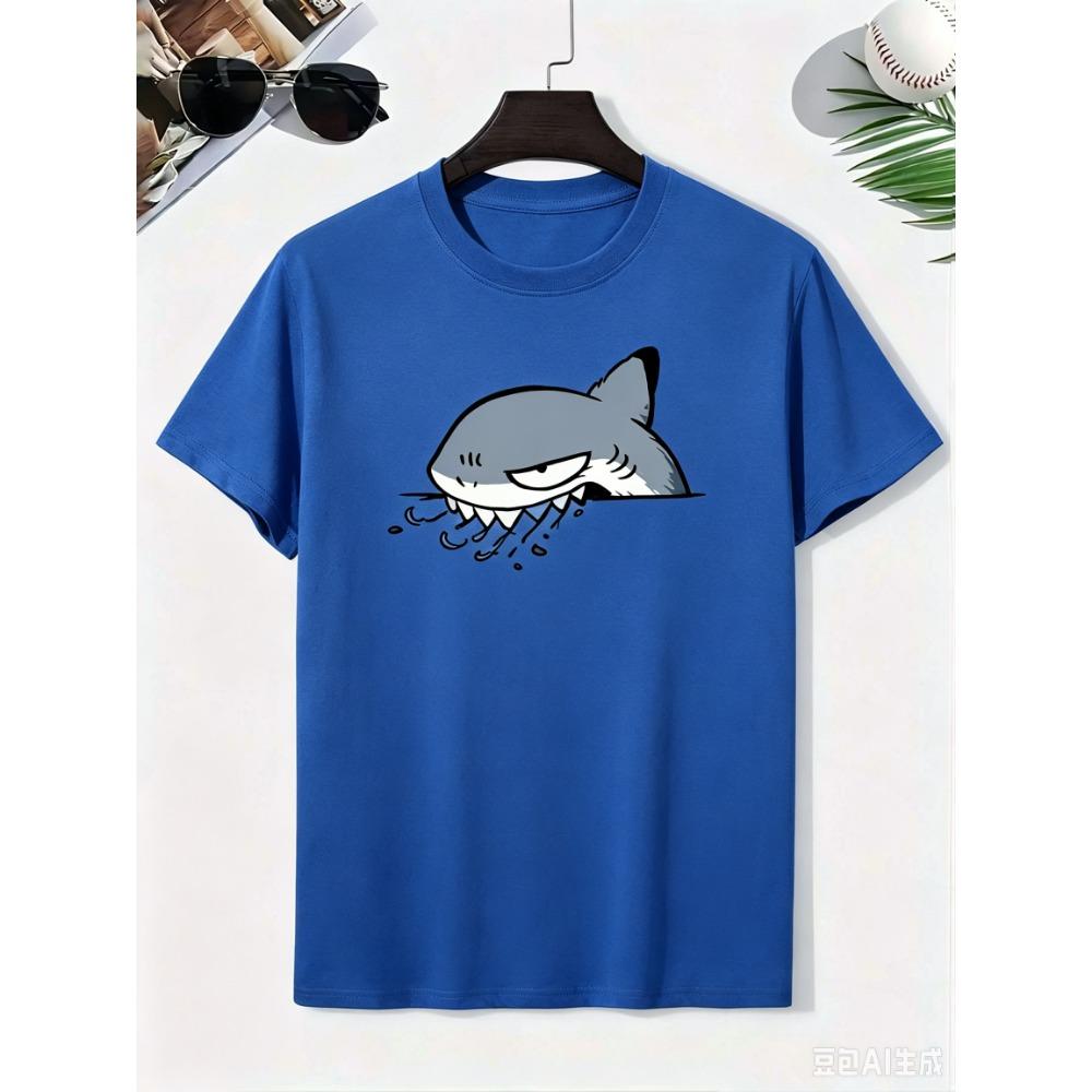 2026 Cartoon Shark Gray Fang Watermark Pure Cotton Boy's T‑shirt Creative Lightweight Comfortable Short Sleeved Kids T‑shirt