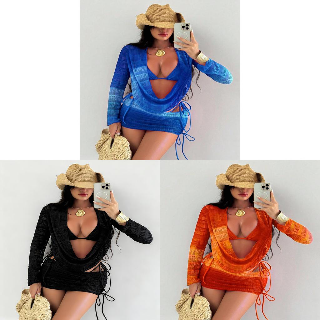 Womens Swimwear Set With Sheer Mesh Long Sleeve Coverup Bikini 4piece For Beach Relaxation