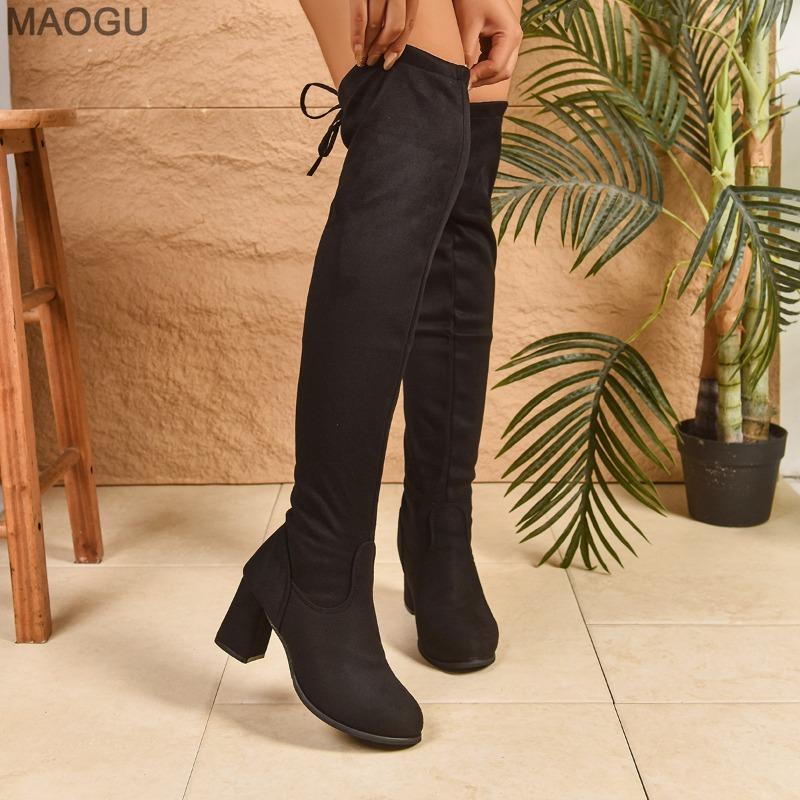 Taglie Grandi 35-43 Stivali da Donna Sopra il Ginocchio Tacco Chunky Nero Allacciatura Posteriore Stivali Elasticizzati Alti sulla Coscia 2026 Autunno Inverno Stivali Lunghi