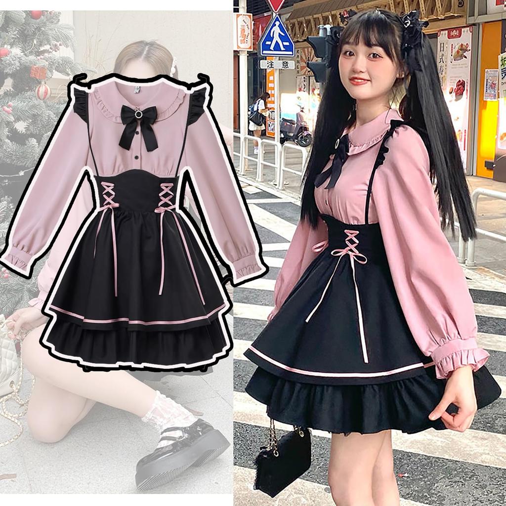 Suspender and This Mini Dress Features a Bow and a Long or Short Sleeve Top and Perfect for a Mori Girl This Dress Features a Ribbon and Is Perfect