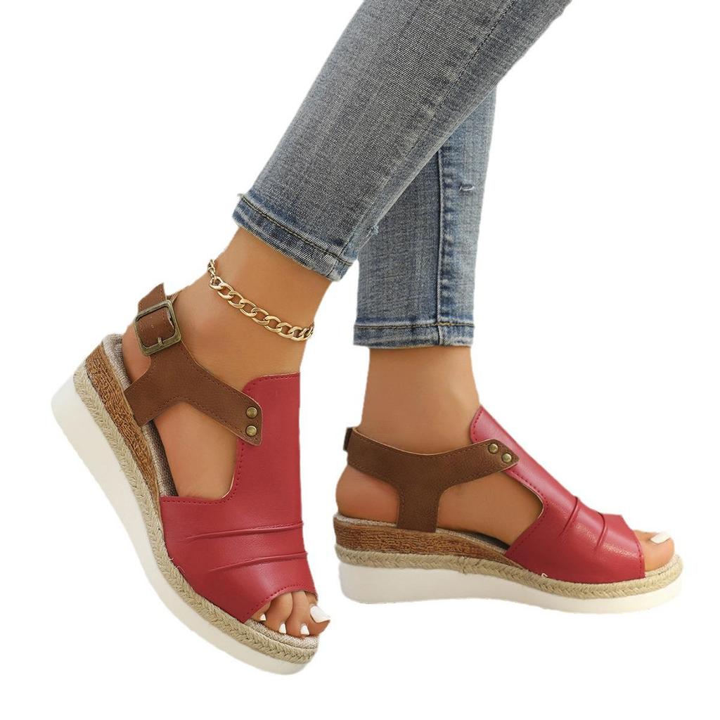 Plus Size Wedge Heel Peep Toe Sandals - Women's Summer Buckle Beach Slippers