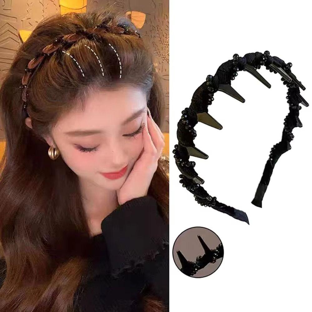 Fluffy Wave Headband with Beaded Toothed Non-slip Hair Hoop Face Wash Hairband  Girl/Women