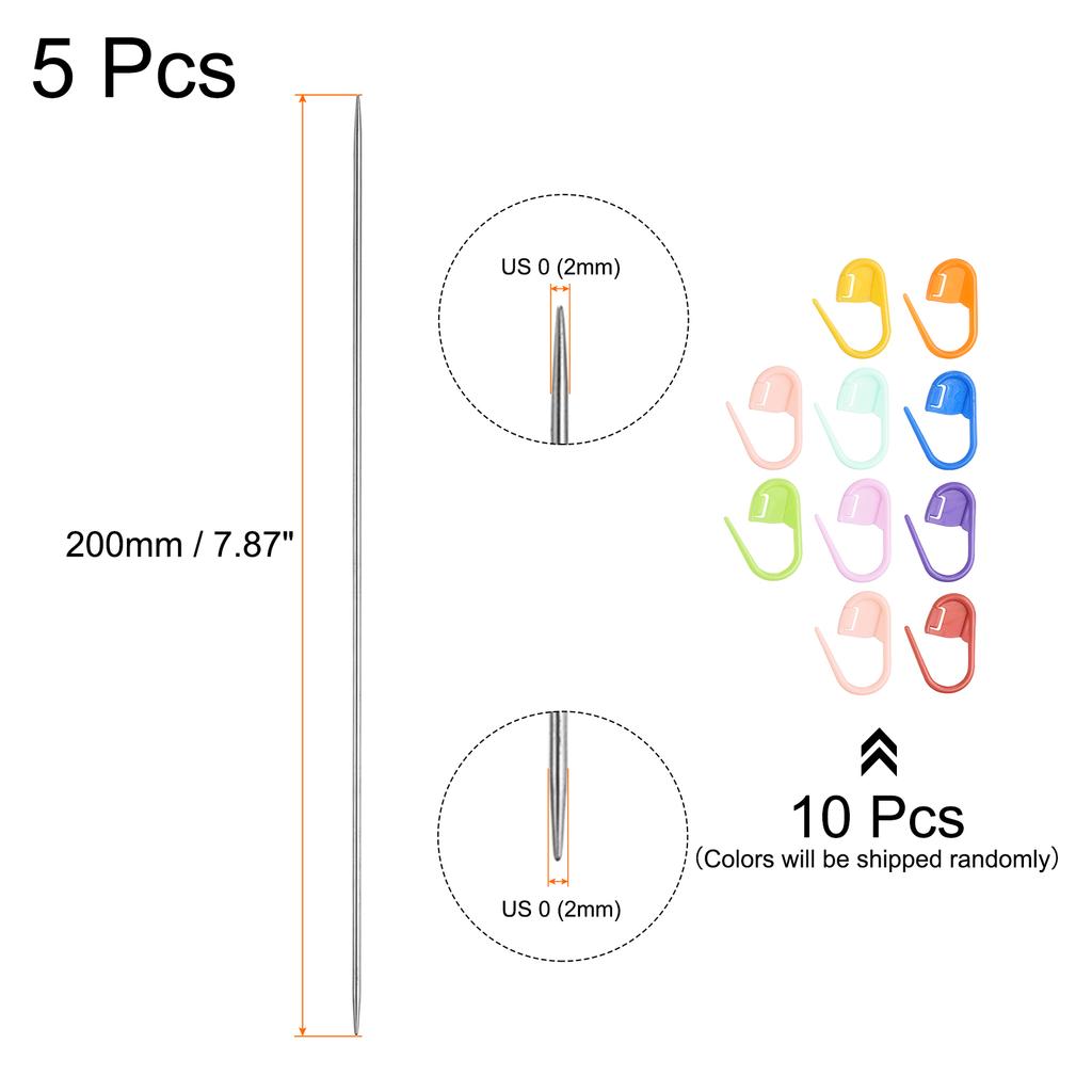 5Pcs US 3-6.5mm Double Pointed Knitting Needle 7.87 Inches Length Sweater Stitching Needles with 10 Stitch Marker